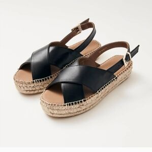 Alohas Crossed Black Leather Espadrilles Sandals Platform Made in Spain Size 36